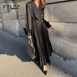 Women Vintage Pleated Dress Fashion Spring Autumn Long Sleeve Notched Midi es Ladies Office Elegant Vestidos 210525