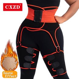 CXZD 3 in 1 Women High Waist Thigh Trimmer and butt lifter Neoprene Sweat Shapewear Push Up Slimming Leg Shaper Adjustable Belt 210402