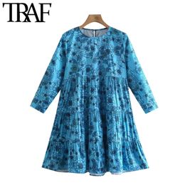 Women Chic Fashion Floral Print Ruffled Mini Dress Vintage O Neck Three Quarter Sleeve Female Dresses Vestidos 210507