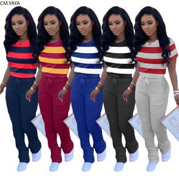 CM.YAYA Sport Women Set Two Piece Set Tracksuit Striped Tee Tops Stacked Jogger Sweatpants Suit Fitness Outfit Matching Set Y0625