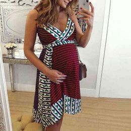 Summer Maternity Midi Dresses With Belt Backless V-neck Nursing Dresses Sleeveless Sling Pregnant Dresses For Photo Shoot G220309