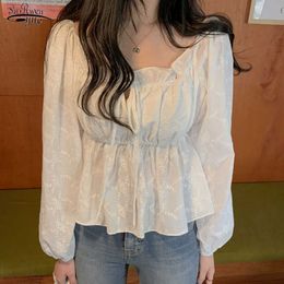 Cotton Woman Shirt Vintage Blouse Women Autumn White Korean Tops Puff Long Sleeve with Embroidery Blusas 10570 210527