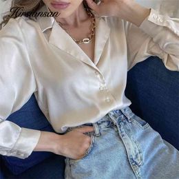 Hirsionsan Elegant Satin Silk Women Shirts Spring Autumn Vintage Turn Down Collar Female Blouse white Office Ladies Shirt Tops 210721