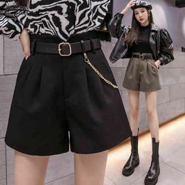 Autumn Winter Sexy Black Women Shorts Wide Leg High Waist For Pockets Loose Casual With Chain 11367 210508