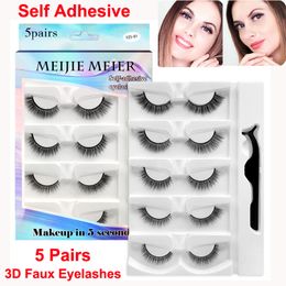 3D Faux Mink False Eyelashes Self Adhesive Lashes with Tweezer Makeup Set 5 Pairs Fake eyelash Handmade Soft Comfortable Curl Thick Cross Lash