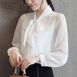 Women White Chiffon Blouses Long Sleeve Shirts Autumn Solid Elegant Bow Slim Fit Ladies Tops Blusas Mujer De Moda 10703 210417