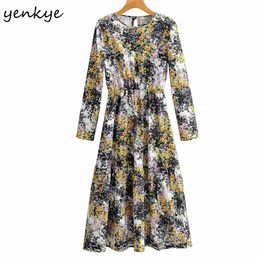 Fashion Women Vintage Floral Print Long Maxi Dress Sleeve O Neck A-line Casual Winter Dresses Plus Size Robe Femme 210514