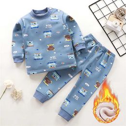 2Pcs Winter Children's Clothing Thermal Underwear Set Plus Velvet 1-6Y Baby Boys Thicken Toddler Girl Clothes Kids Pyjamas Suit 211224