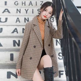 New winter han edition small suit star fashion long-sleeved grid cloth with lace-up coat frock 210412