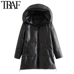 TRAF Women Fashion Thick Warm Winter Faux Leather Parkas Coat Vintage Hooded Long Sleeve Female Outerwear Chic Overcoat 210415