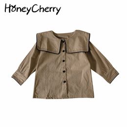 spring retro long-sleeved cotton shirt girls navy collar s baby children clothes kids fashion 210515