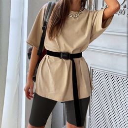 Women Fashion Two Piece Suit With Belt Summer Outfits Casual Solid Home Loose Tops and Shorts Set Sport Tracksuit Lounge Wear 210510