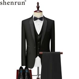 Shenrun Men Tuxedo Suit Slim Fit Shawl Lapel Fashion Formal Wedding Suits Groom Host Stage Business Party Banquet Costume Black X0909