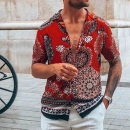 Men's Casual Shirts 2021 Shirt Europe United States Men Hawaii Print Henry Collar Trend Man Social Party Red Short Sleeve