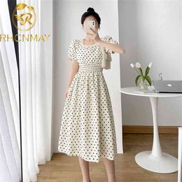 Korean Ersion Wave Point Dress Mid Length Summer Short Sleeve Bow Style Square Neck Elastic Waist Slim 210506