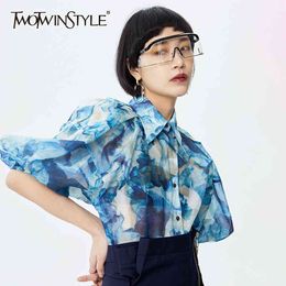 Vintage Print Women Shirts Lapel Collar Lantern Half Sleeve Loose Hit Colour Blouses Female Fashion Spring 210524