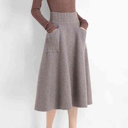 Lucyever Autumn Winter Women Wool Knit Midi Skirt Korean High Waist Mid-Length Skirts Female Fashion Pockets Office A-line Skirt 211119