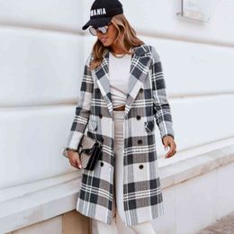 Women Casual Woollen Coats Autumn Winter Long Sleeve Plaid Jacket Coat Woman Turn Down Collar Double Breasted Cardigan Coat 211118