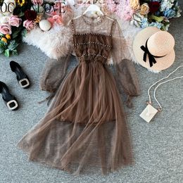 Chic Mesh Beading Women Dress Vintage Solid High Waist Vestidos Pleated Spring A-line Korean Dresses 15419 210415