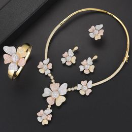 Earrings & Necklace LARRAURI 4PCS Collar Dangle Bangle Ring Wedding Jewellery Sets For WomenTrendy Flower Shape