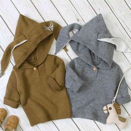 Boy Girl Autumn Winter Long Sleeve Hooded Rabbit Ears Knitted Sweater Boys Girls Pure Colour Sweaters For Kids Clothes 210521