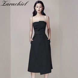 Summer Office Ladies Slash Neck Irregular Black Women Business Spaghetti Strap Female Double Breasted Sashes Midi Dress 210416