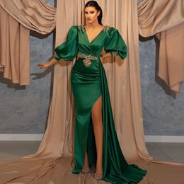 Green Long Puff Sleeves Mermaid Formal Evening Dresses High Side Split Beaded Sweep Train Satin Prom Party Gowns