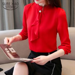 Fairy Chiffon Long Sleeve Autumn Loose Top Bottom Shirt Ribbon Beading Women Tops and Blouses 6441 50 210417