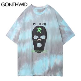 Tshirts Casual Harajuku Hip Hop Streetwear Men Mask Print Tie Dye Short Sleeve Cotton T-Shirts Loose Fashion Tees Tops 210602