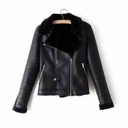 moto style women fur collar short coats winter ladies black PU leather jackets female fashion girls vintage jacket 210427