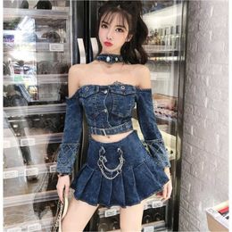 Women 2 Piece Set Sexy Slash Neck Off the Shoulder long Sleeve Top and blue Denim +skirts Suit sets 210531