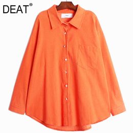 [DEAT] Women Corduroy Shirt Office Lady Solid Wild Full Sleeve Lapel Collar Loose Large Size Spring Fashion XA248 210527
