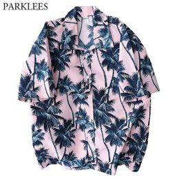 Palm Tree Printed Pink Hawaiian Shirt Men Summer Short Sleeve 5XL Tropical Aloha Shirts Mens Holiday Vacation Clothing 210522