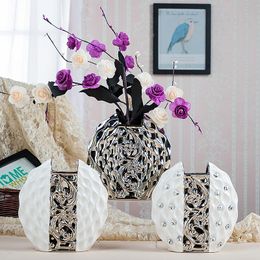 Modern Simplicity Ceramic Vase Hand Inlaid Drill Plating White silver Arrangement Flower Art Vases Wedding Home Decoration