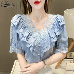 Summer V-neck Single Breasted Women Blouse Stitching Lace Embroidered Chiffon Elegant Top Female Blusas 13909 210427