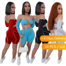 Wholesale Clothes Sexy Two Piece Set Women Summer Off Shoulder Crop Top Biker Shorts Set Clubwear Bandage Bodycon Club Outfits X0709