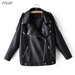 Spring Pu Leather Jacket Women Moto Biker Lapel Zipper Warm BF Style Faux Coat Loose Fashion Autumn Outwear 210430