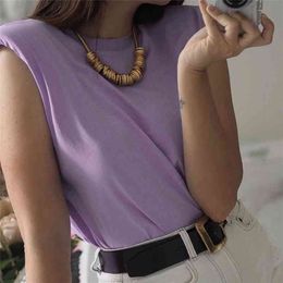 summer women's design sense niche trendy shoulder pad profile vest t-shirt solid color wild loose slim top 210623