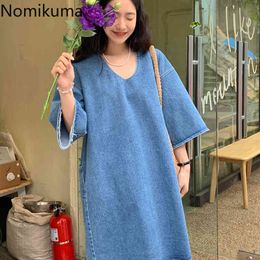 Nomikuma Vintage Denim Dresses Robe V Neck Casual All-match Dress Women Korean Style Loose Summer Unicolor Vestidos Mujer 210514