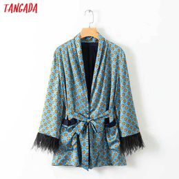 Tangada women feathers patchworks suit blazer fashion long sleeve ladies geometric print blazer female office coat XD312 210609