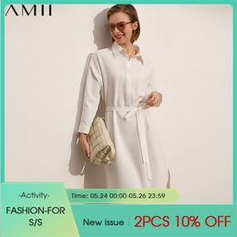 Minimalism Summer Women's Shirt Dress Fashion Lace Patchwork Lapel Aline Belt Knee-length 12170047 210527
