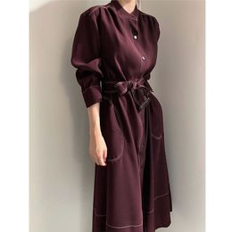 Women's Shirt Dress Vintage Long Sleeve Autumn Loose Lace Up Single-breasted Stand Collar Dres Vestidos Thin Coat 210514