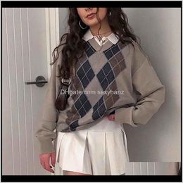 Womens Clothing Apparel Drop Delivery 2021 Autumn Winter Woman Sweaters Preppy Style Light Brown V Neck Diamond Knitted Sweater Casual Loose