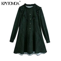Women Fashion With Metal Buttons Printed Ruffle Mini Dress Vintage High Neck Long Sleeve Female Dresses Mujer 210416