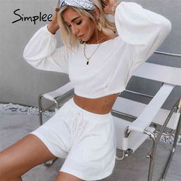 White long sleeves two piece woman short suits Elastic waist lace up summer suit Pockets causal loose sets fashion 210721