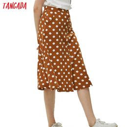 Tangada vintage polka dot print skirt for women korea fashion ladies midi skirt boho pockets button skirts QJ26 210609