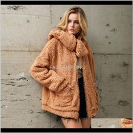 Outerwear Clothing Apparel Womens Coats Winter Warm Fleece Jackets Loose Scarf Casual Solid Faux Fur Pocket Outwear Cardigan Female Co