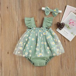 Toddler Baby Girls Daisy Clothes Fly Sleeve Romper Mesh Skirt Headband Set Cute Fashion Baby's Clothing for 0-18 Months G220223