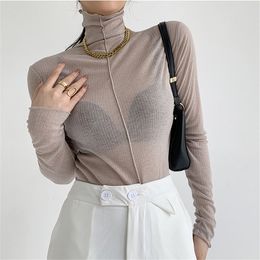 Brief Tops Ruffles Full Sleeves Plus Size Female All Match Turtleneck Solid Basic Women Autumn Slim T-Shirts 210421