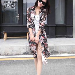 Super Thin Floral Chiffon Cardigan Plus Size Loose Women Long Blouses Summer Sun Protection Print Blouse Shirts 4152 50 210417